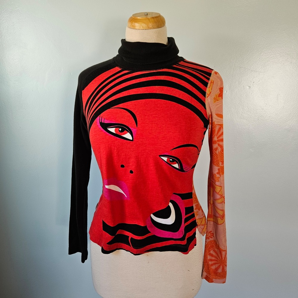 Vtg Y2K Custo Barcelona Graphic Face Mixed Print Turtleneck Long Sleeve Top S - Picture 2 of 6